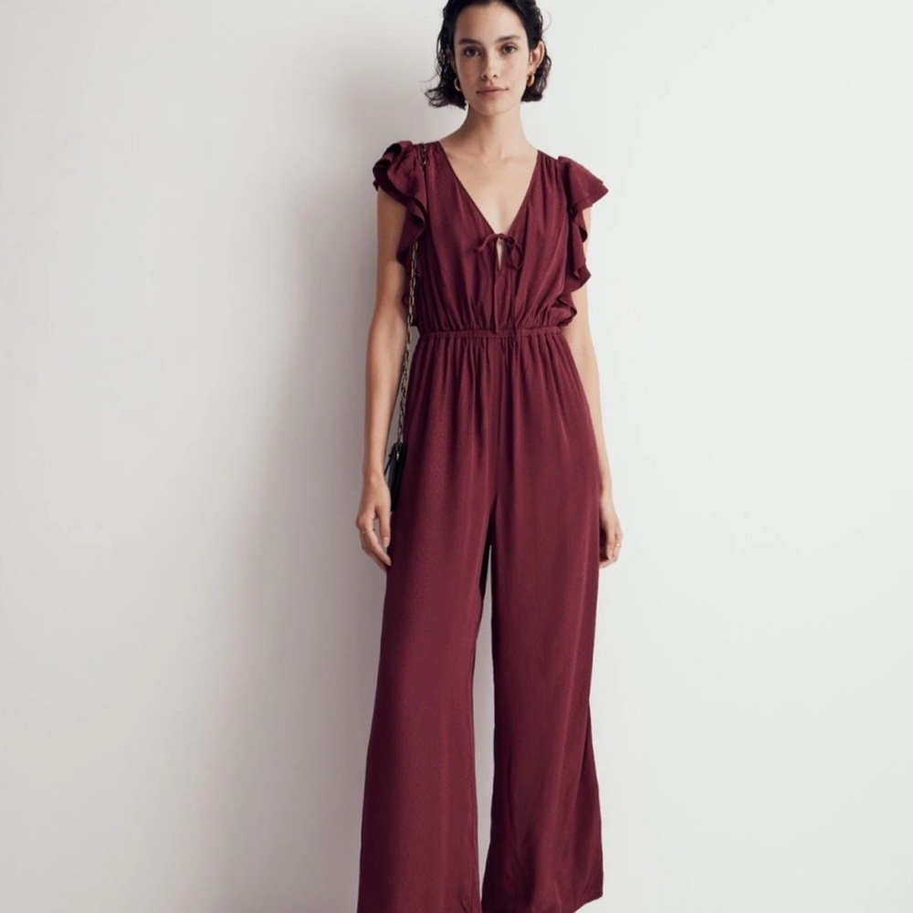 Madewell Burgundy Ruffle-Sleeve V-Neck Wide-Leg Jumpsuit with Tie
